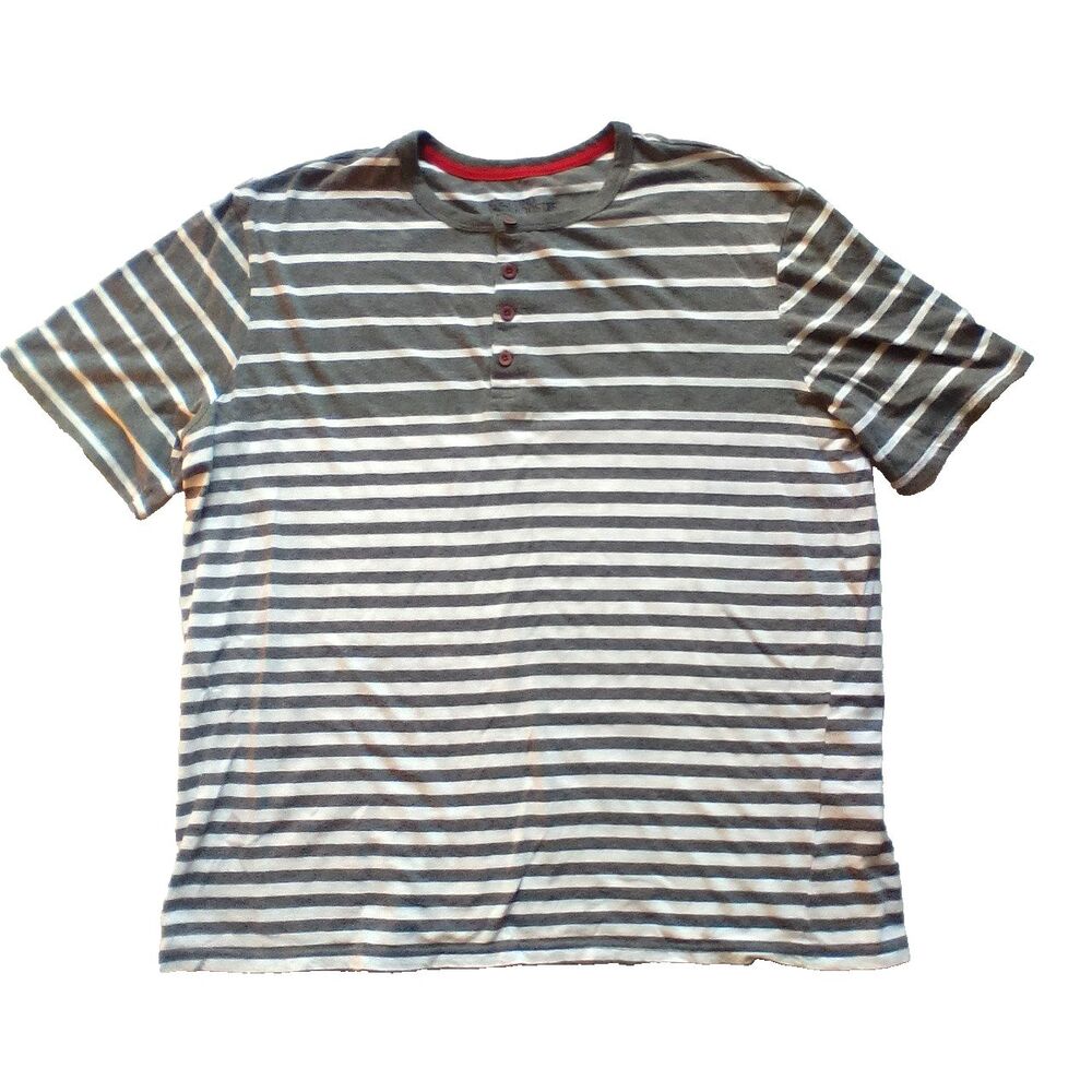 Blind Rooster Shirt Mens XL Henley Short Sleeve Striped Gray White Casual Cotton